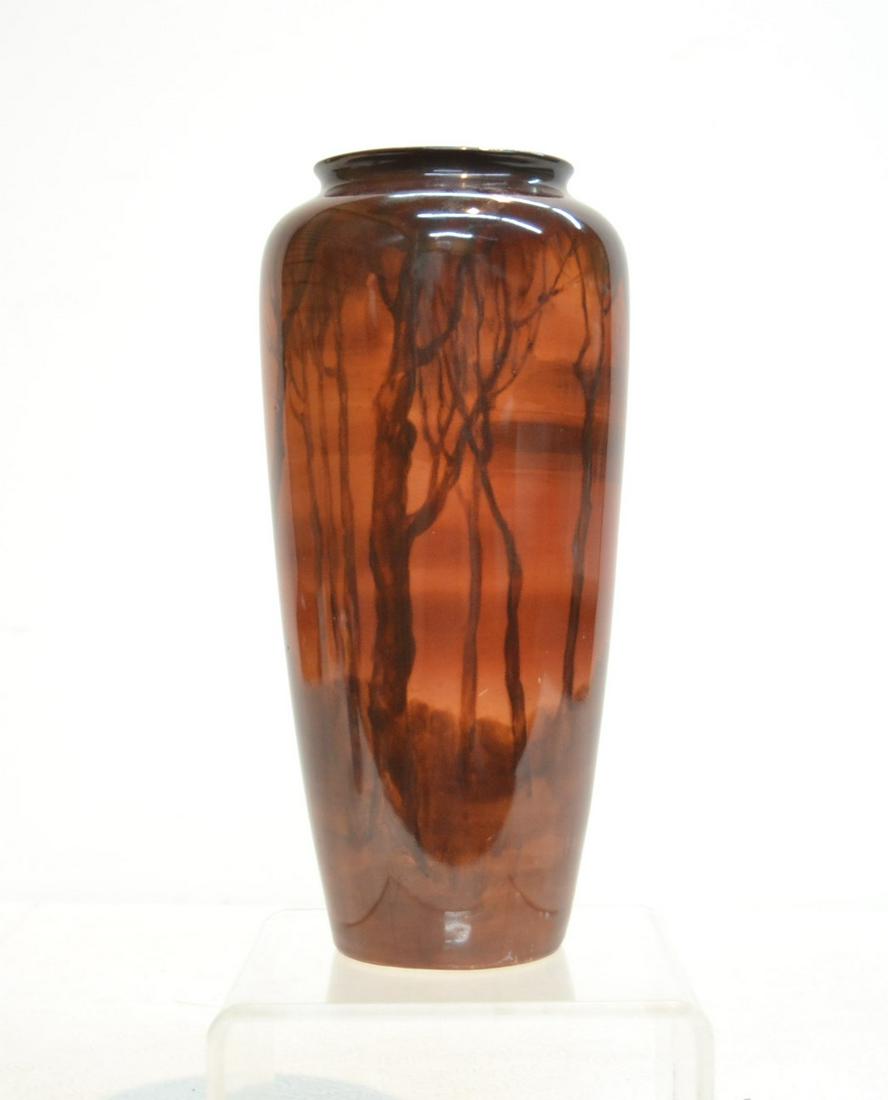 HAND PAINTED LENOX AMERICAN BELLEEK VASE: AMERICAN BELLEEK - LENOX PORCELAIN VASE WITH HAND PAINTED FOREST SCENE - 4 1/4" x 10 1/4"