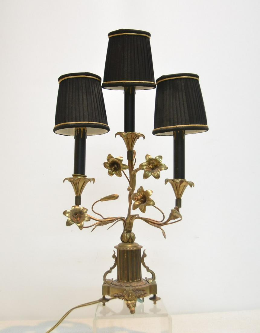 CONTINENTAL GILT METAL 3-LIGHT CANDELABRA: WITH APPLIED FLOWERING LILY BRANCHES 9" x 21" TALL OVERALL