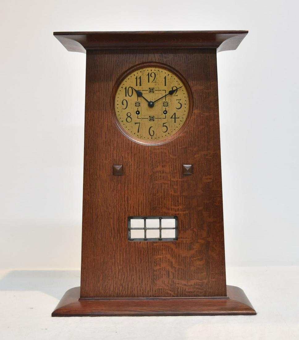 STICKLEY MISSION STYLE OAK MANTLE CLOCK: WITH FRANZ HERMLE MOVEMENT , 2009 - 15" x 7" x 22"