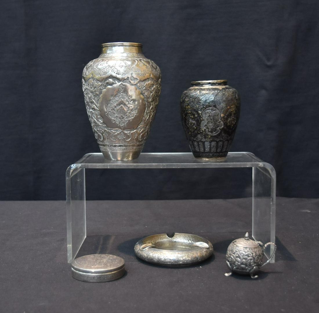ASSORTED PERSIAN SILVER LOT INCLUDING: (2) ENGRAVED PERSIAN SILVER VASES , SAUCE POT , BOX & ASHTRAY - 4" x 6 1/2" ; 21.59ozt