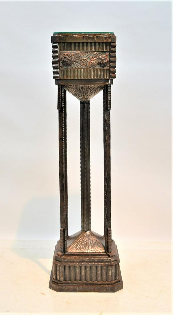 FRENCH ART DECO WROUGHT IRON PEDESTAL: ILLUMINATED FRENCH ART DECO HAMMERED WROUGHT IRON PEDESTAL , ca. FRANCE 1925 , WITH FROSTED GLASS PANELS ACCENTING SCROLLWORK WORK DESIGNS ; HAVING FROSTED GLASS TOP , PURCHASED FROM CHRISTIES , NY JU