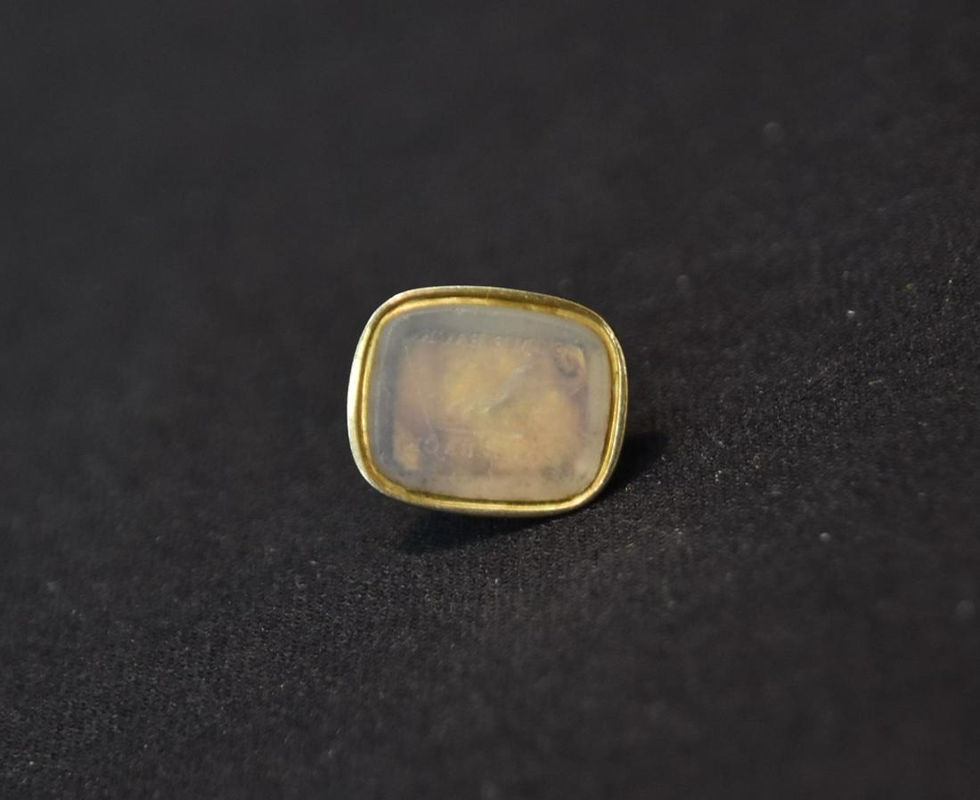 14kt GOLD INTAGLIO FOB STAMP WITH AGATE: WITH INSCRIPTION "COME BACK" WITH BIRD - 3.5grams GROSS ; 3/4" x 1/4"