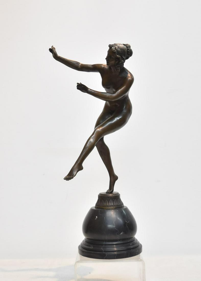 AFTER CJR COLINET , BRONZE DANCING NUDE: AFTER CLAIRE JEANNE ROBERTE COLINET , BRONZE FEMALE NUDE DANCING - 7" x 5 1/2" x 18"