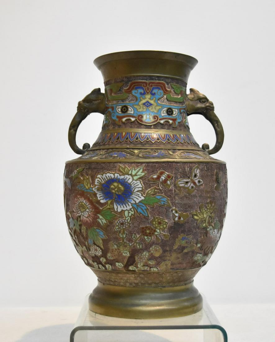 ASIAN CHAMPLEVE BRONZE VASE WITH ELEPHANT: HANDLES - 9 1/2" x 14 1/4"