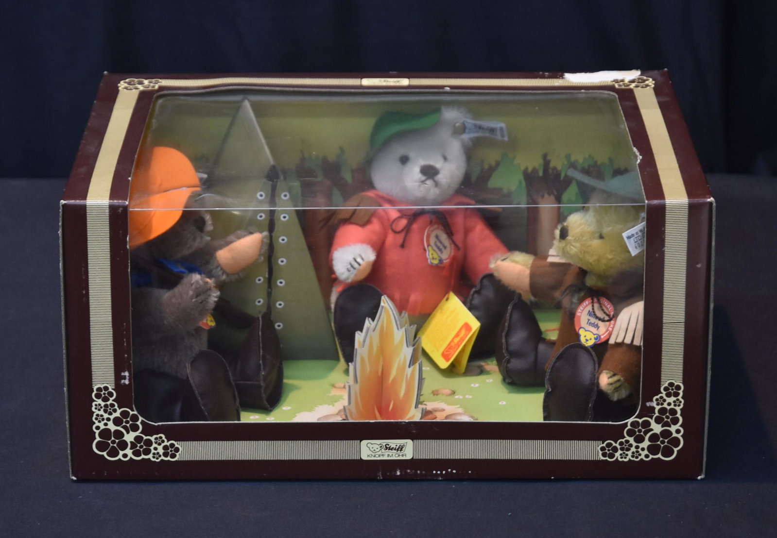 STEIFF 'NIMROD TEDDY SET' LIMITED EDITION: (3) STEIFF TEDDY BEARS AROUND CAMPFIRE , IN ORIGINAL BOX - BOX IS 15 1/2" x 10" x 7 1/2"