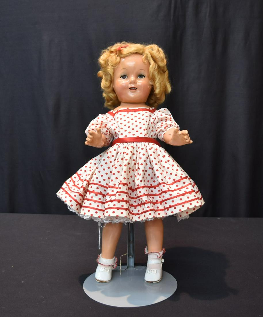IDEAL SHIRLEY TEMPLE DOLL WITH FLIRTY EYES: VINTAGE IDEAL SHIRLEY TEMPLE FLIRTY EYE DOLL - 18" TALL (SPOT ON LEFT ARM)