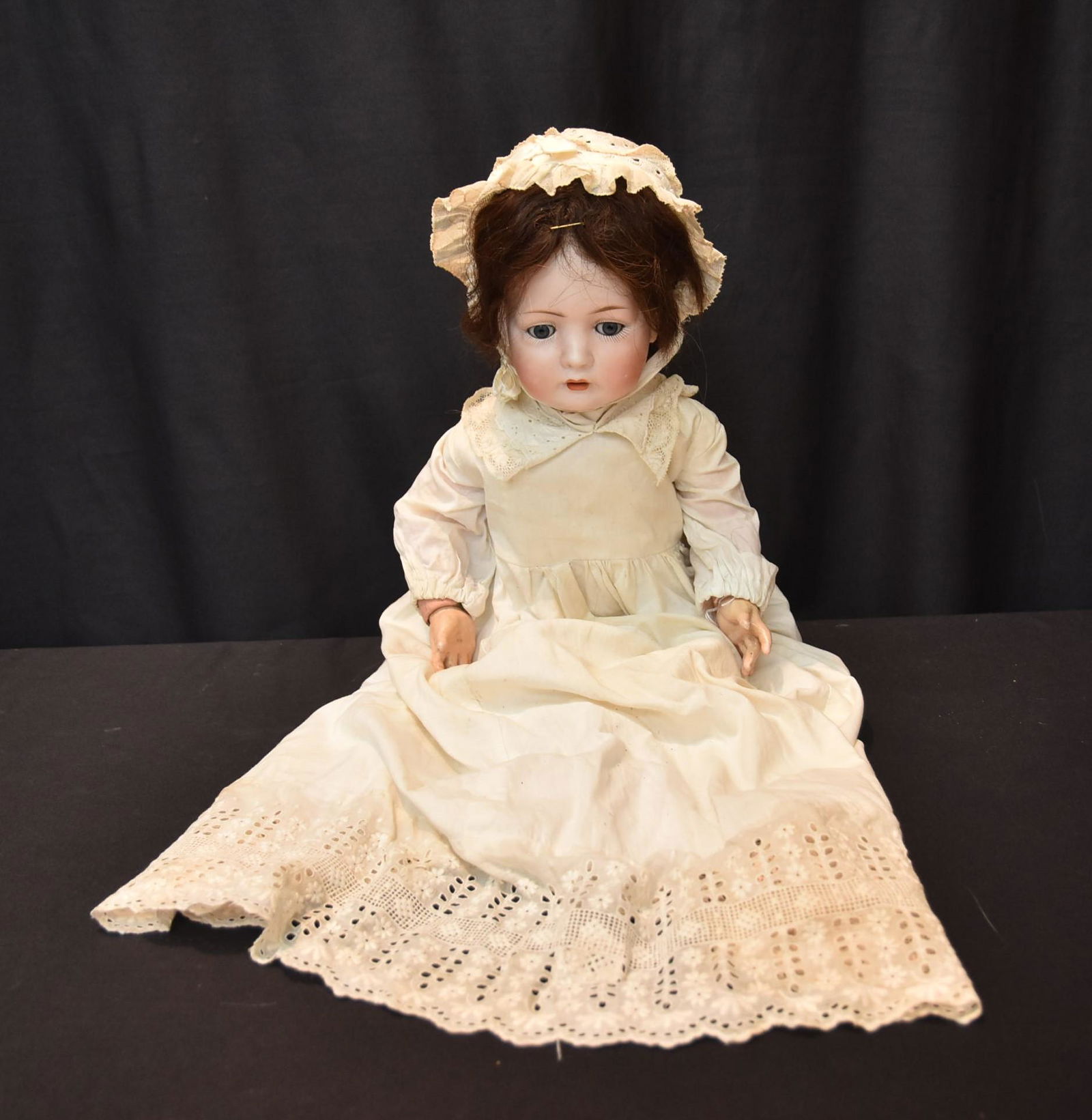 BRUNO SCHMIDT , BISQUE HEAD BABY DOLL: BISQUE HEAD BABY DOLL WITH BLUE SLEEP EYES & JOINTED BODY , MARKED BSW ; INSIDE HEART ; HEAD IS 13" CIRCUMFERENCE ; 20" TALL OVERALL