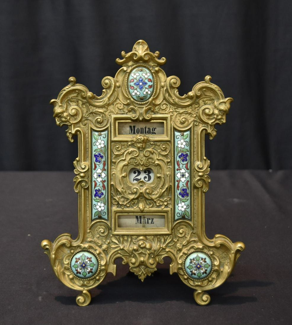 FRENCH BRONZE & CHAMPLEVE DESK CALENDAR: 4 3/4" x 3" x 7"
