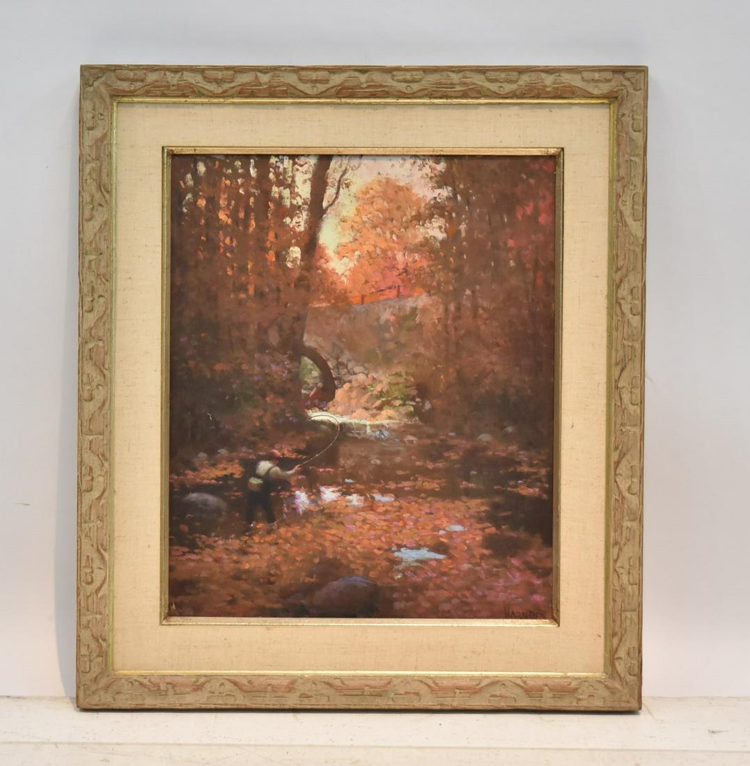 WILLIAM HARNDEN (AMERICAN, 1920-1983): OIL ON MASONITE MAN FLY FISHING IN AUTUMN , SIGNED HARNDEN , LOWER RIGHT - 21" x 25" ; 28" x 32" OVERALL