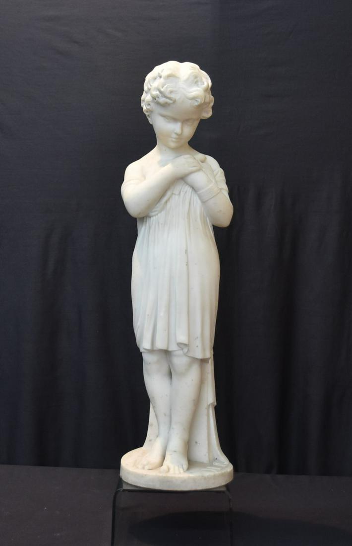 LARGE MARBLE STATUE OF BOY WITH BIRD: ANTIQUE CARVED MARBLE SCULPTURE OF BOY HOLDING BIRD - 8" x 30 1/2"