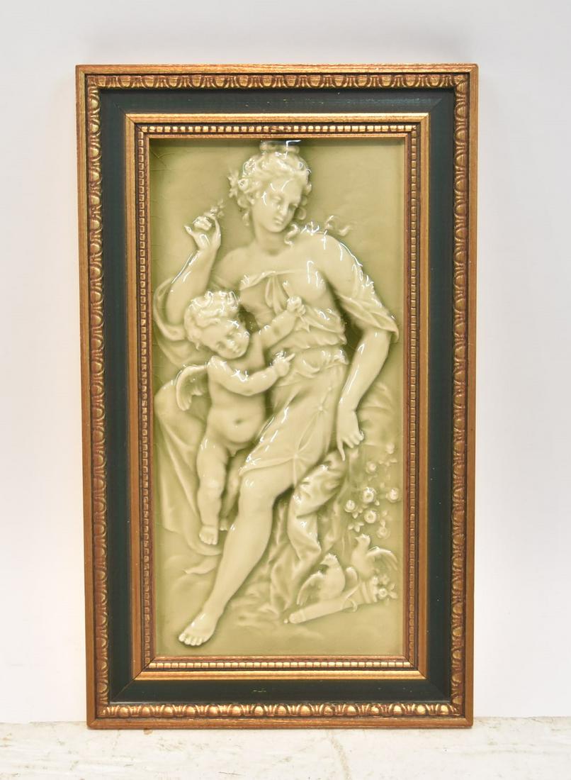 MINTON STOKE ON TRENT TILE PLAQUE: MINTONS CHINA WORKS STOKE ON TRENT TILE PLAQUE OF WOMAN WITH CHERUB - 6" x 12" ; 9" x 15" FRAMED