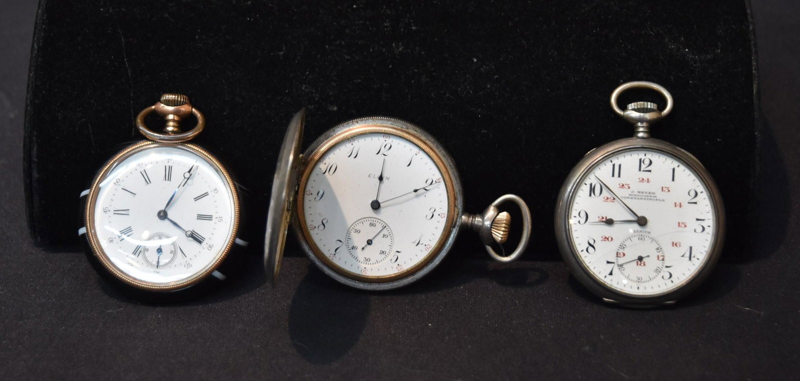 (3) ANTIQUE POCKETWATCHES INCLUDING: J. MEYER HORLOGERIE CONSTANTINOPLE POCKET WATCH , ENAMEL POCKET WATCH & ELGIN STERLING SILVER POCKET WATCH - LARGEST IS 2"