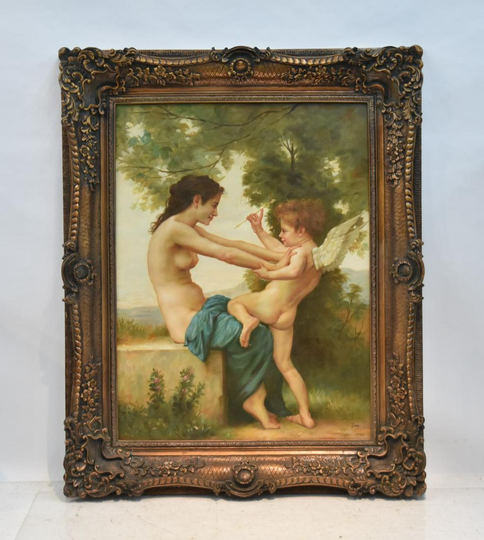 LARGE OIL ON CANVAS OF VENUS & WINGED CUPID: LARGE CONTEMPORARY OIL ON CANVAS OF VENUS & WINGED CUPID , SIGNED TOM , LOWER RIGHT - 36" x 48" ; 50" x 62" FRAMED
