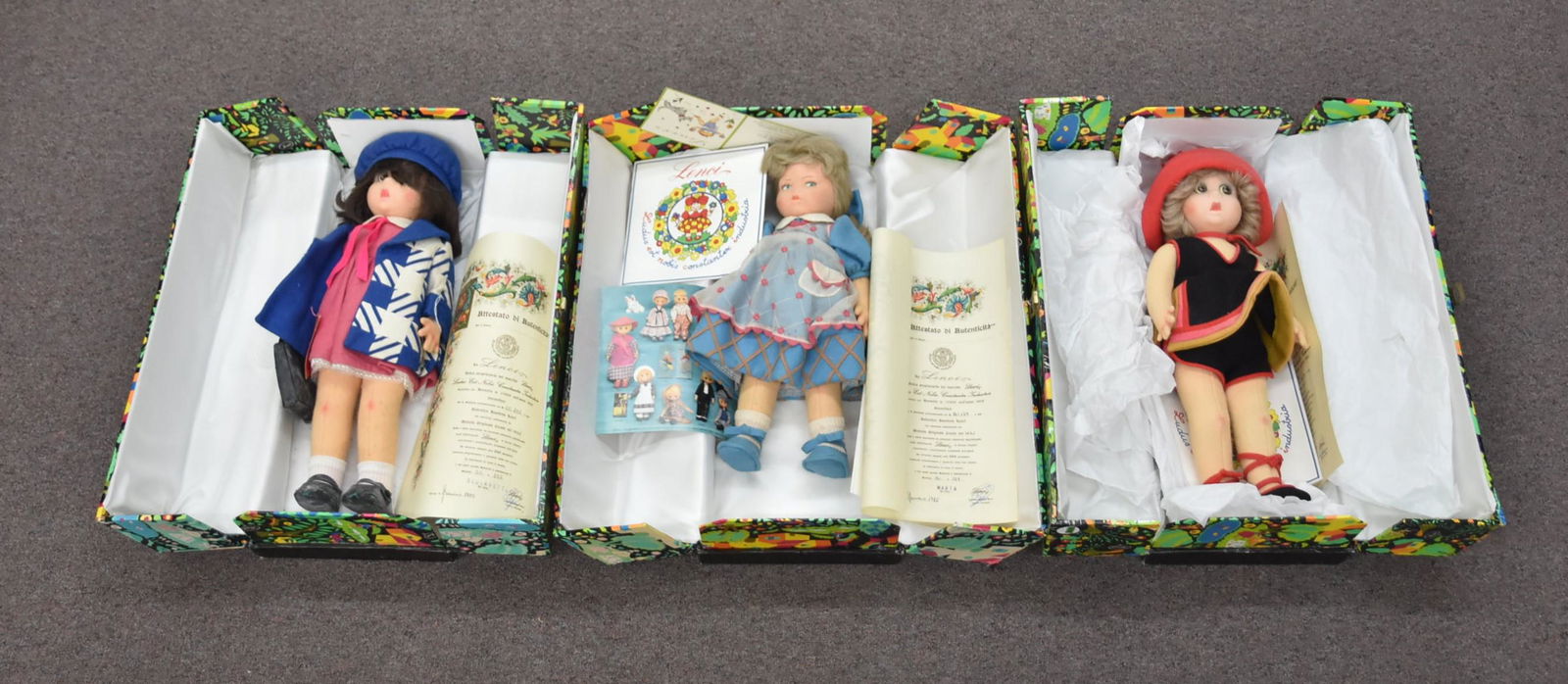 (3) LENCI DOLLS . NEW IN BOX: LENCI SIRENTTA , LENCI SCOLARETTA & LENCI MARTA - 17" TALL WITH ORIGINAL BOXES