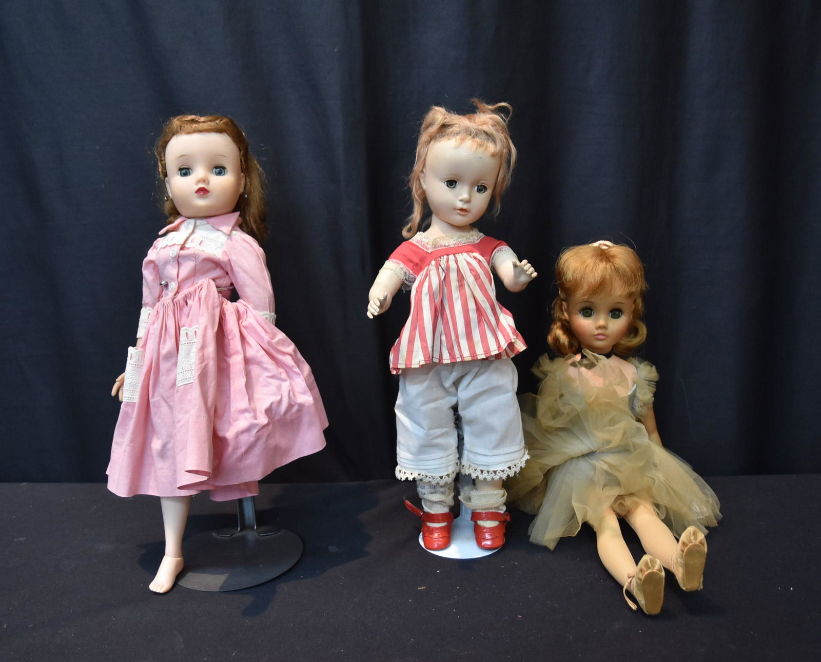 (3) MADAME ALEXANDER DOLLS: MADAME ALEXANDER ELISE BALLERINA - 16 1/2" TALL (DISCOLORED) , MADAME ALEXANDER HARD PLASTIC ALEX - 13 1/2" TALL / MADAME ALEXANDER ELISE FACE WITH JOINTED ARMS , LEGS , ANKLES - 14 1/2" TALL (LEG NEE
