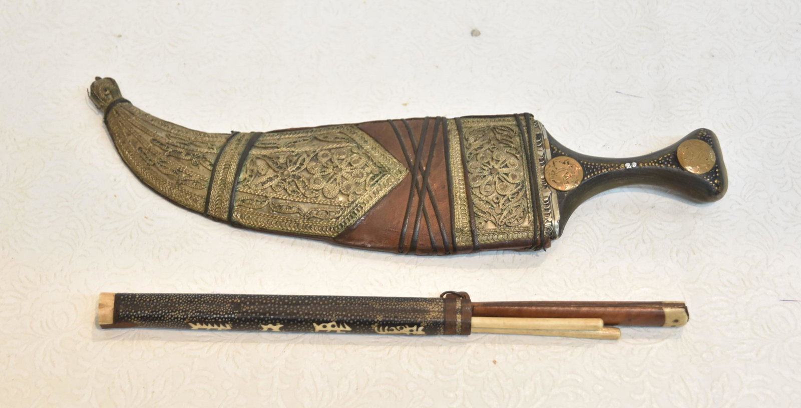 ANTIQUE CHINESE CHOP STICKS & KNIFE SET /: MIDDLE EASTERN DAGGER WITH SHEATH - DAGGER IS 3 1/2" x 13 1/2"