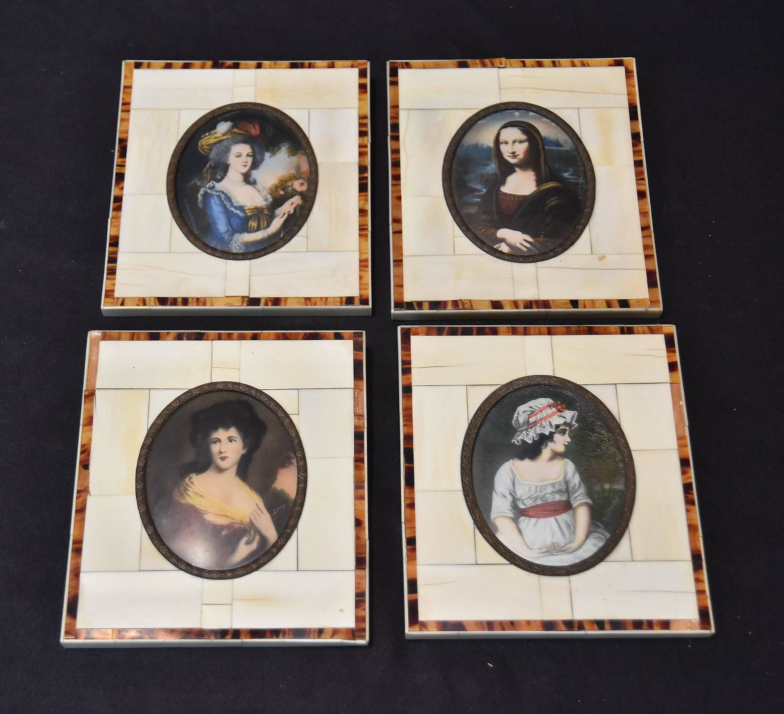 (4) HAND PAINTED MINIATURE PORTRAITS: (4) ARTIST SIGNED HAND PAINTED MINIATURE PORTRAITS , INCLUDING THE MONA LISA , PORTRAIT - SET IN BONE FRAMES - 5" x 5 1/2" OVERALL
