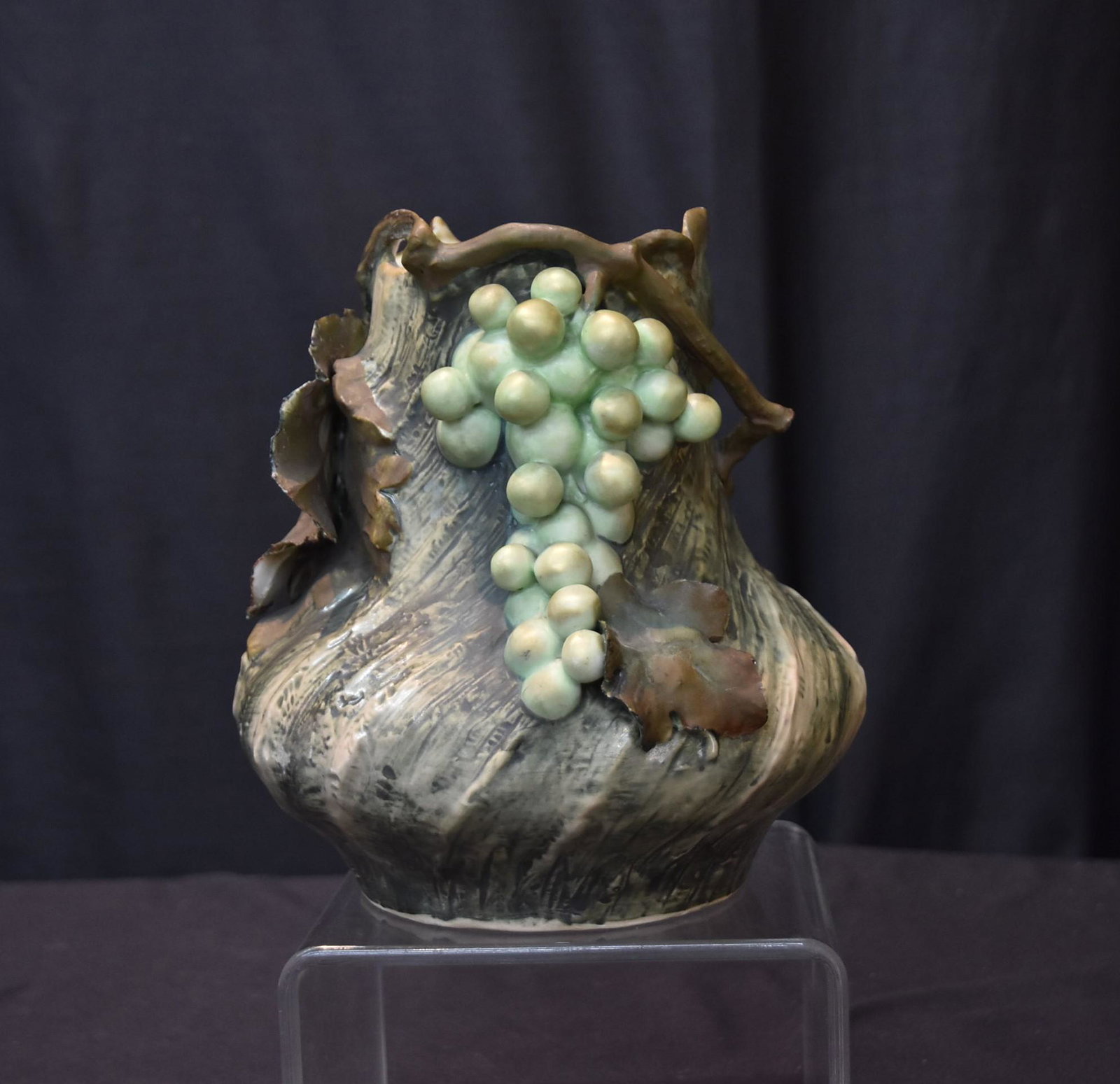 AMPHORA ? PORCELAIN VASE WITH RAISED GRAPES: ATTRIBUTED TO AMPHORA PORCELAIN VASE WITH RAISED GRAPES & LEAVES - 7" x 7 1/2"