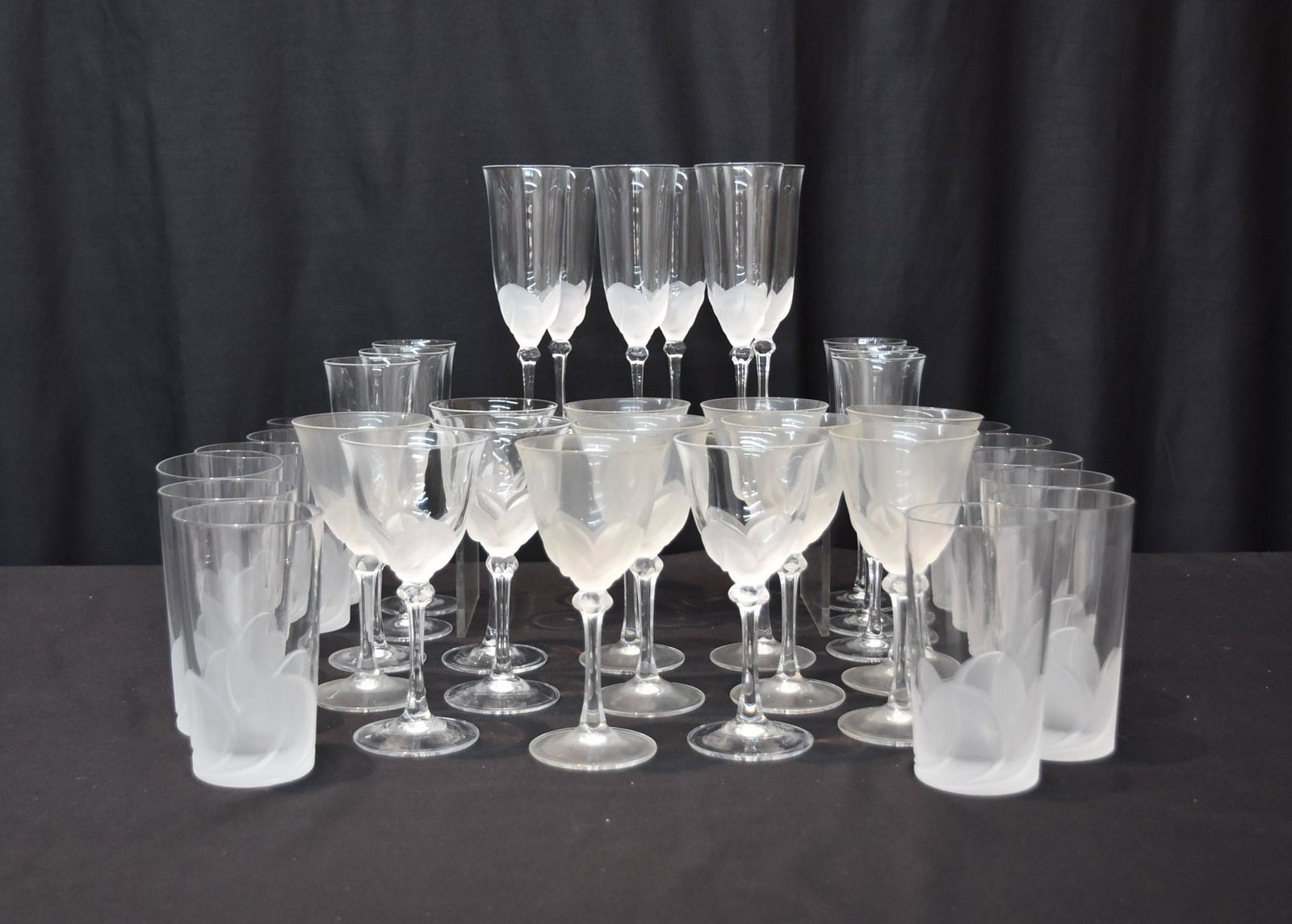 (36) LALIQUE STYLE FROSTED GLASS STEMWARE GLASSES: INCLUDING (12) WATER GLASSES , (12) WINE GLASSES & (12) CHAMPAGNE - LARGEST IS 8" TALL