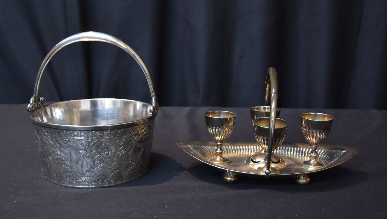 ENGRAVED SILVER PLATE ICE BUCKET &: SILVER PLATE EGG CUP - 6 1/2" x 8"