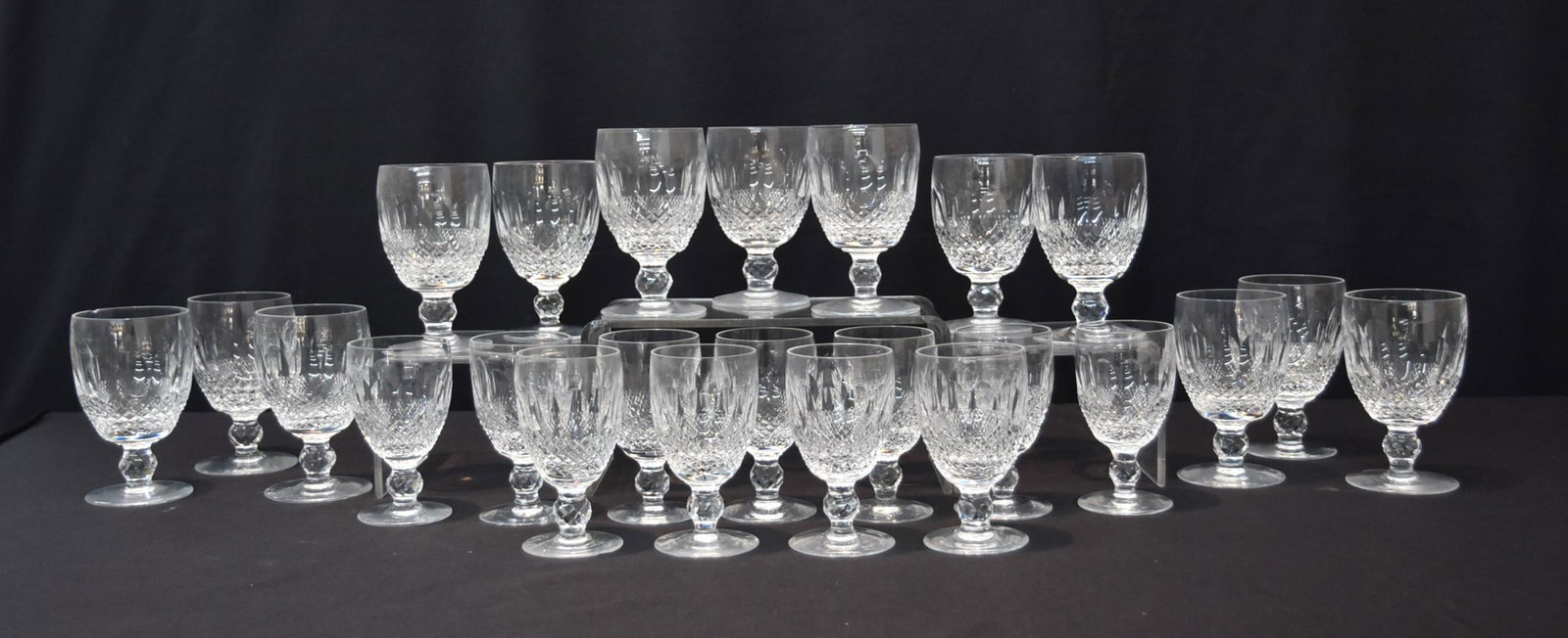 (24) WATERFORD COLLEEN PATTERN CRYSTAL STEMWARE: (12) WATERFORD "COLLEEN" PATTERN CRYSTAL WATER GLASSES - 5 1/4" & (12) WATERFORD COLLEEN WINE GLASSES - 4 3/4" (ONE OF EACH SIZE HAS CHIP)