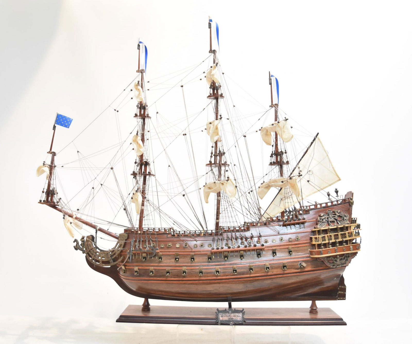 "LE SOLEIL ROYALE" WOOD MODEL SHIP: LE SOLEIL ROYALE" 1669 WOOD MODEL SHIP WITH METAL MOUNTS - 36" x 12" x 34
