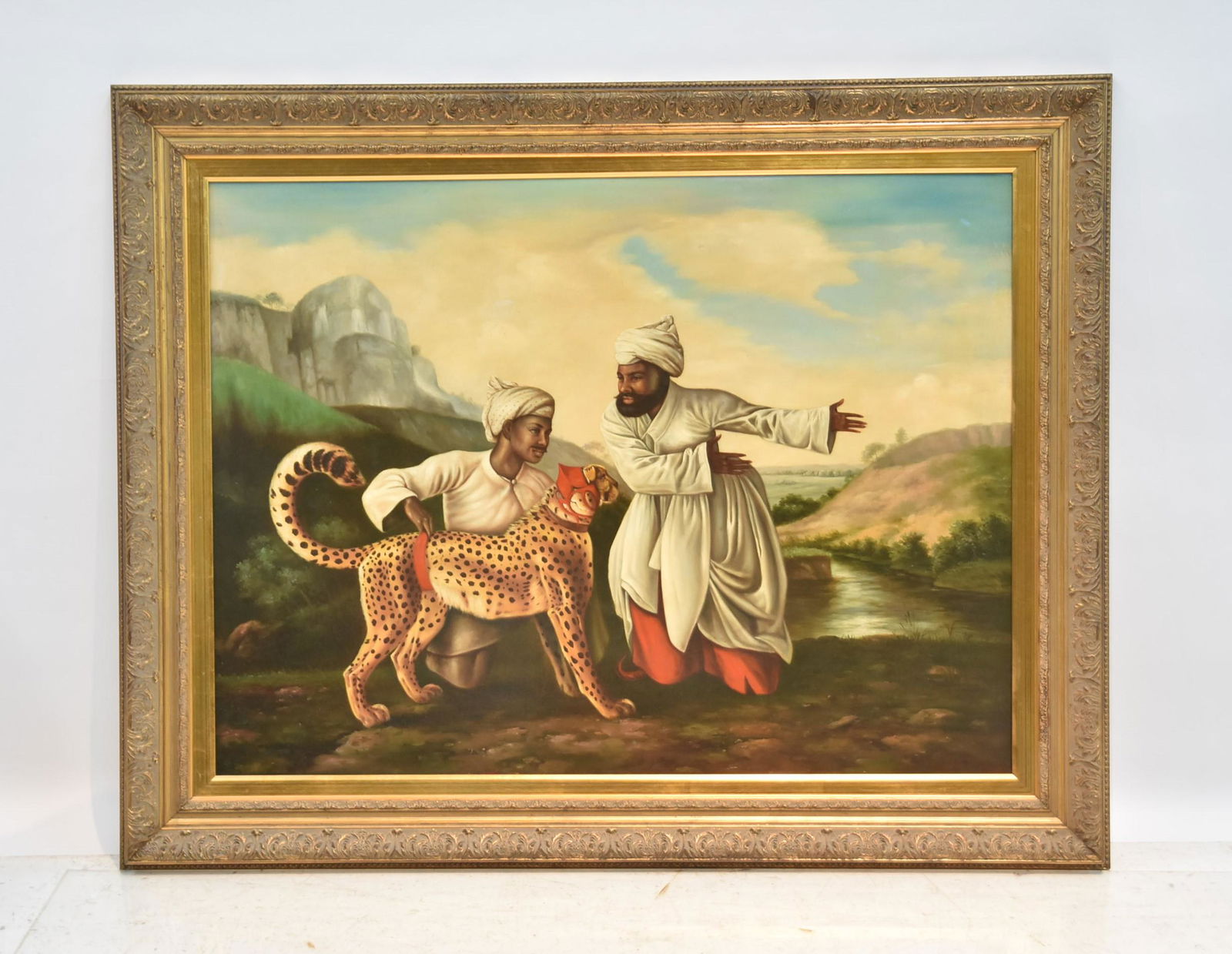 ORIENTALIST OIL ON CANVAS OF FIGURES WITH CHEETAH: AFTER PAINTING BY GEORGE STUBBS "THE CHEETAH AND THE STAG" - 40" x 30" ; 49" x 39"