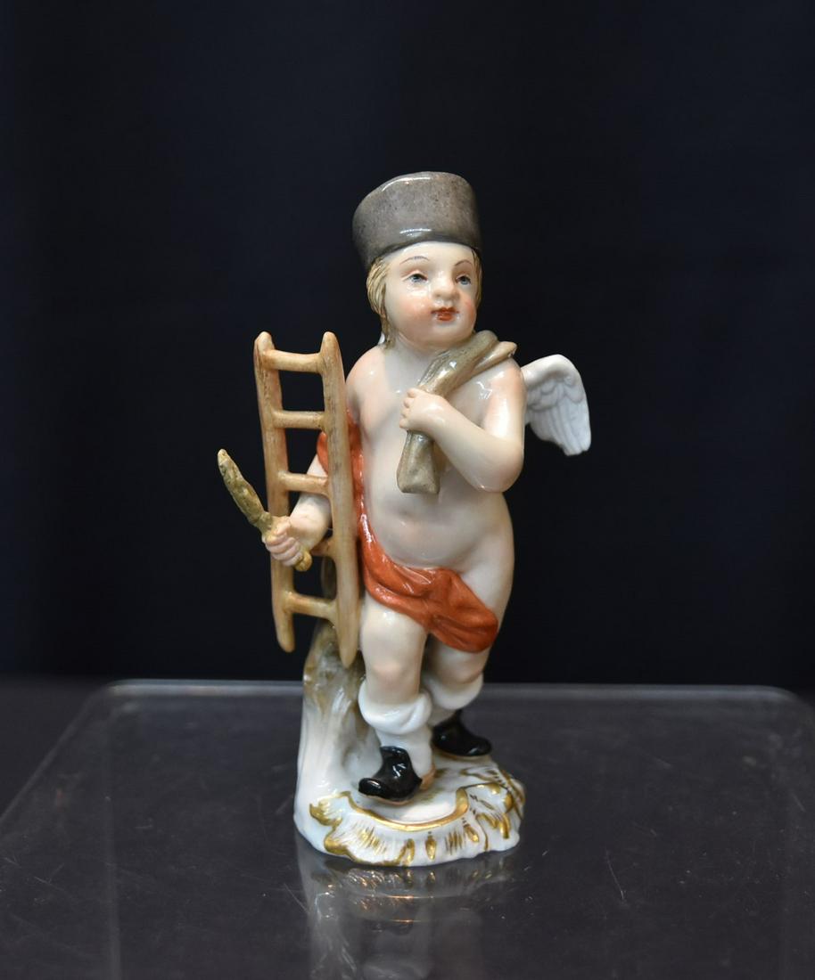 MEISSEN PORCELAIN CHERUB WITH LADDER: (HAND RESTORED) - 4" TALL