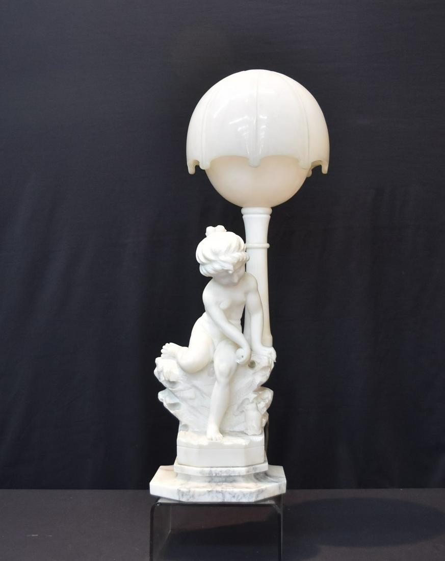 ANTIQUE MARBLE DOME LAMP OF GIRL WITH CAT: SIGNED PROF . M . DEL COLOMBO ; WITH ORIGINAL DOME SHADE , RAISED ON ALABASTER PLYNTH - 9" x 8" x 28"