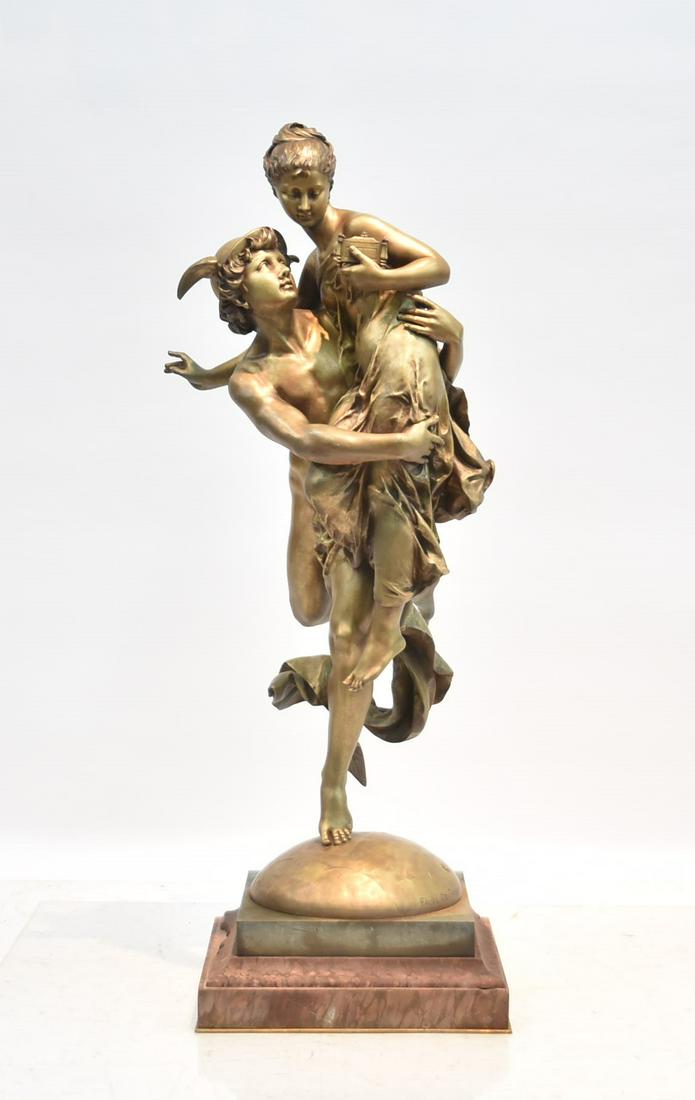 FAURE DE BROUSSE, BRONZE OF MERCURY WITH PANDORA: Vincent Desire Faure de Brousse (French, 19th C.) Sculpture of Mercury flying with Pandora, Bronze on plinth, incised signature Faure de Brousse, Paris AB foundry stamp , marked A Basset Edition - 16"