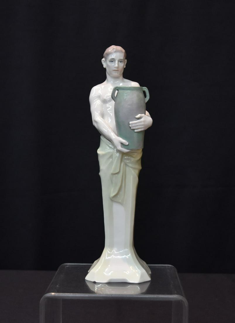 ART NOUVEAU MEISSEN PORCELAIN MAN HOLDING VASE: MEISSEN PORCELAIN MAN HOLDING VASE , INCISED U 157 - 3" X 10" (some flakes on bottom)