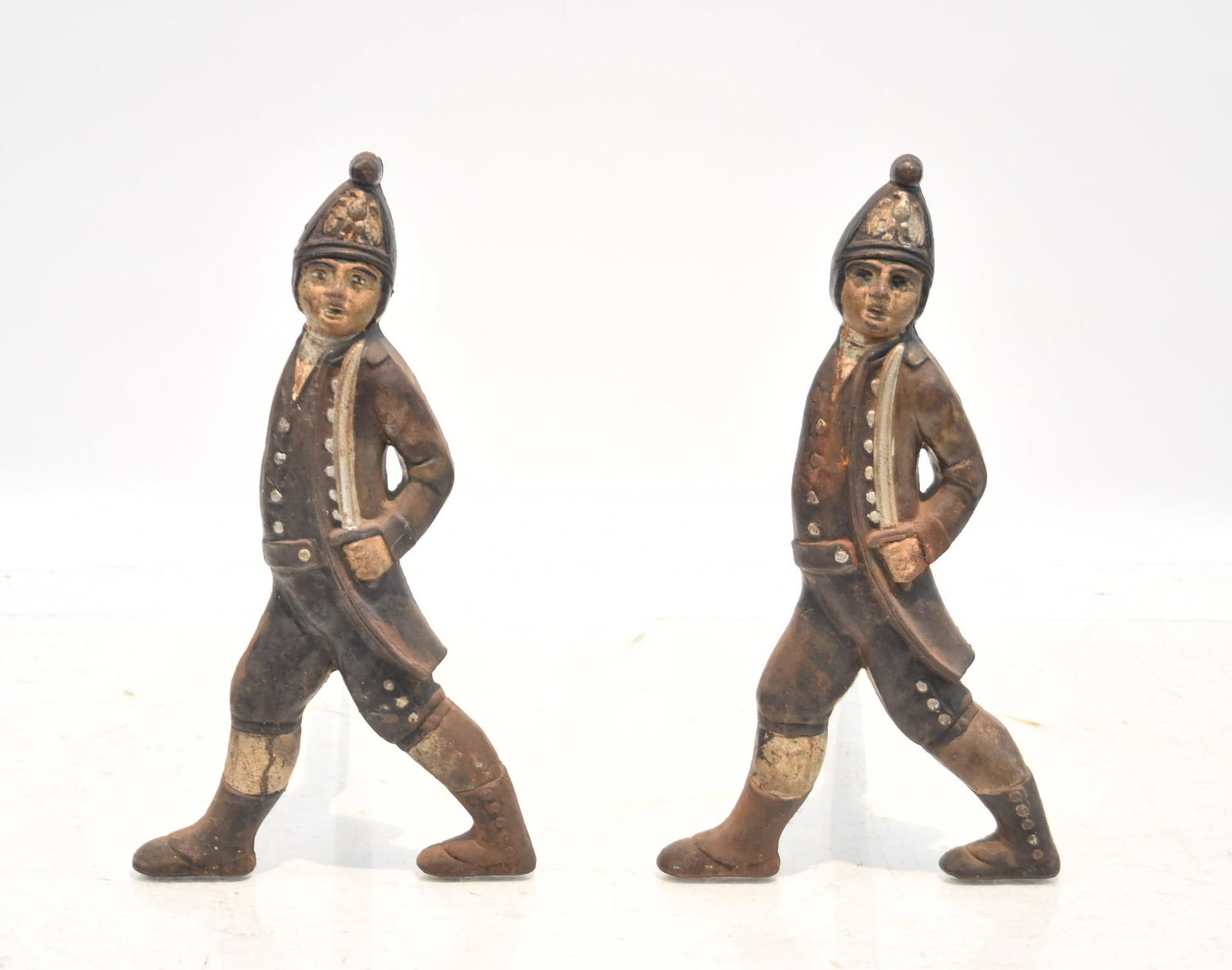 (Pr) EARLY 19thC HESSIAN SOLDIER ANDIRONS: (Pr) EARLY 19thC IRON HESSIAN SOLDIER ANDIRONS - 10" x 21" x 20"