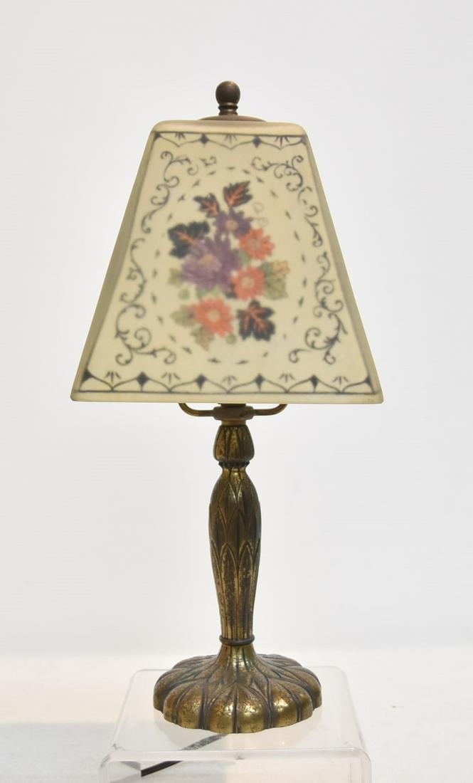 PAIRPOINT REVERSE PAINTED BOUDOIR LAMP: WITH REVERSE HAND PAINTED FLOWERS ON ICE CHIP SHADE ON SIGNED PAIRPONT BASE - 6" x 14"