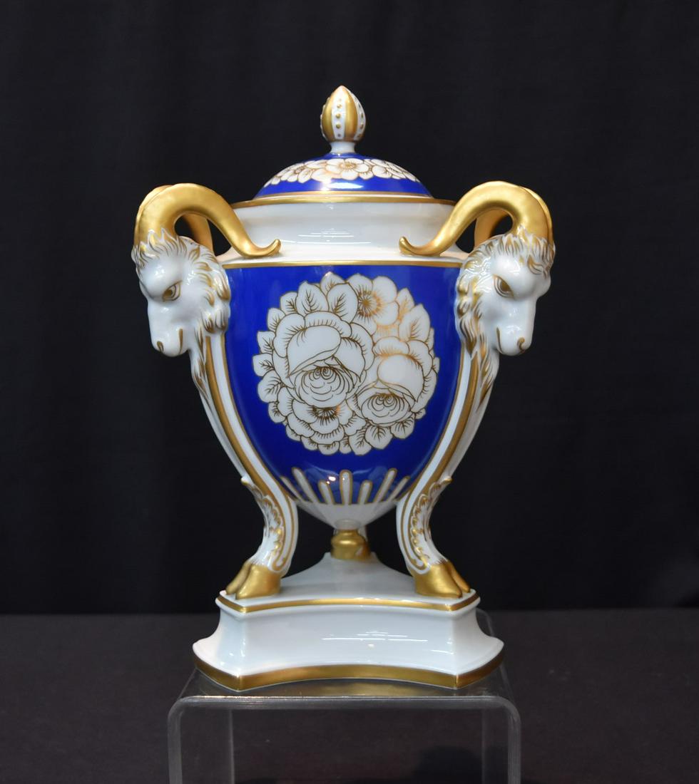 ROSENTHAL COVERED URN WITH RAM HEADS: HOOF FEET & FLOWERS - 7" x 11"