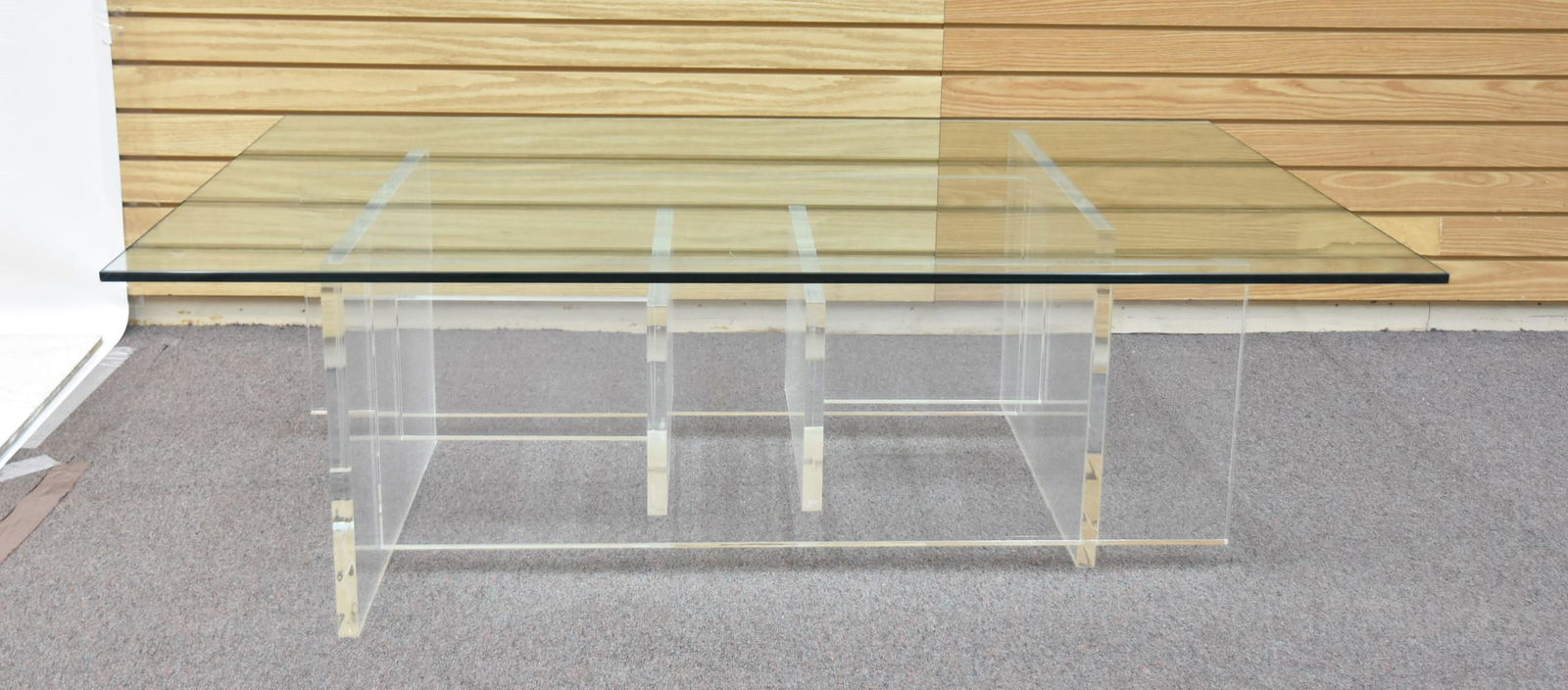 MODERN LUCITE & GLASS COFFEE TABLE: MODERN GEOMETRIC LUCITE COFFEE TABLE WITH GLASS TOP - BASE IS 28" x 40" x 16" ; GLASS TOP IS 36" x 51"