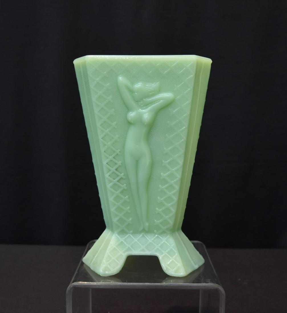 McKEE , JADEITE DECO STYLE GLASS VASE: TRIANGULAR JADEITE DECO STYLE GLASS VASE WITH (3) FEMALE NUDES , ATTRIBUTED TO McKEE - 5" x 10"