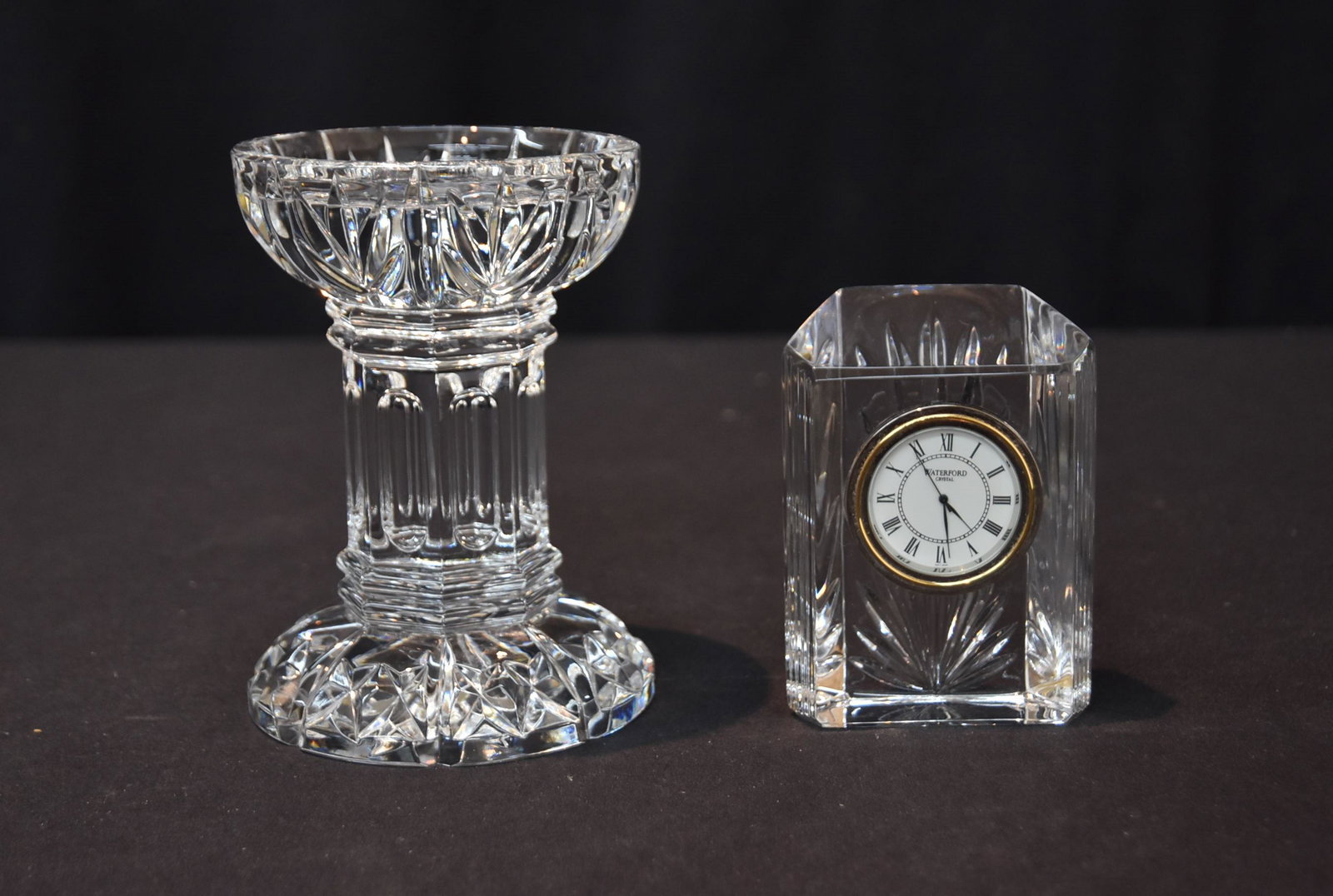 LARGE WATERFORD CRYSTAL CANDLESTICK &: SMALL WATERFORD CRYSTAL CLOCK - C/S IS 4" x 5 1/2" ; CLOCK IS 4 1/4" TALL