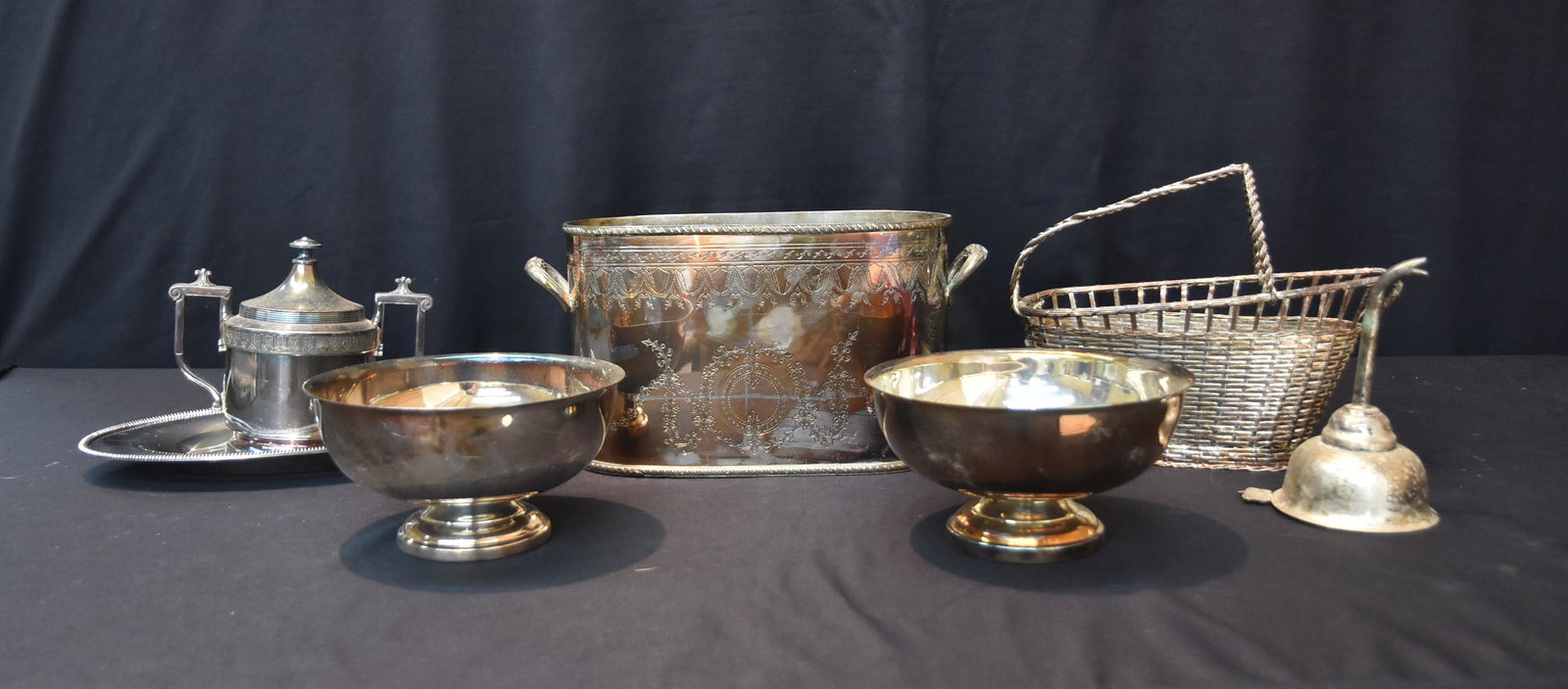 ASSORTED SILVER PLATE INCLUDING SILVER PLATE: WINE HOLDER , FUNNEL , BOWLS & TRAYS - LARGEST PIECE IS 13" x 5" x 7"