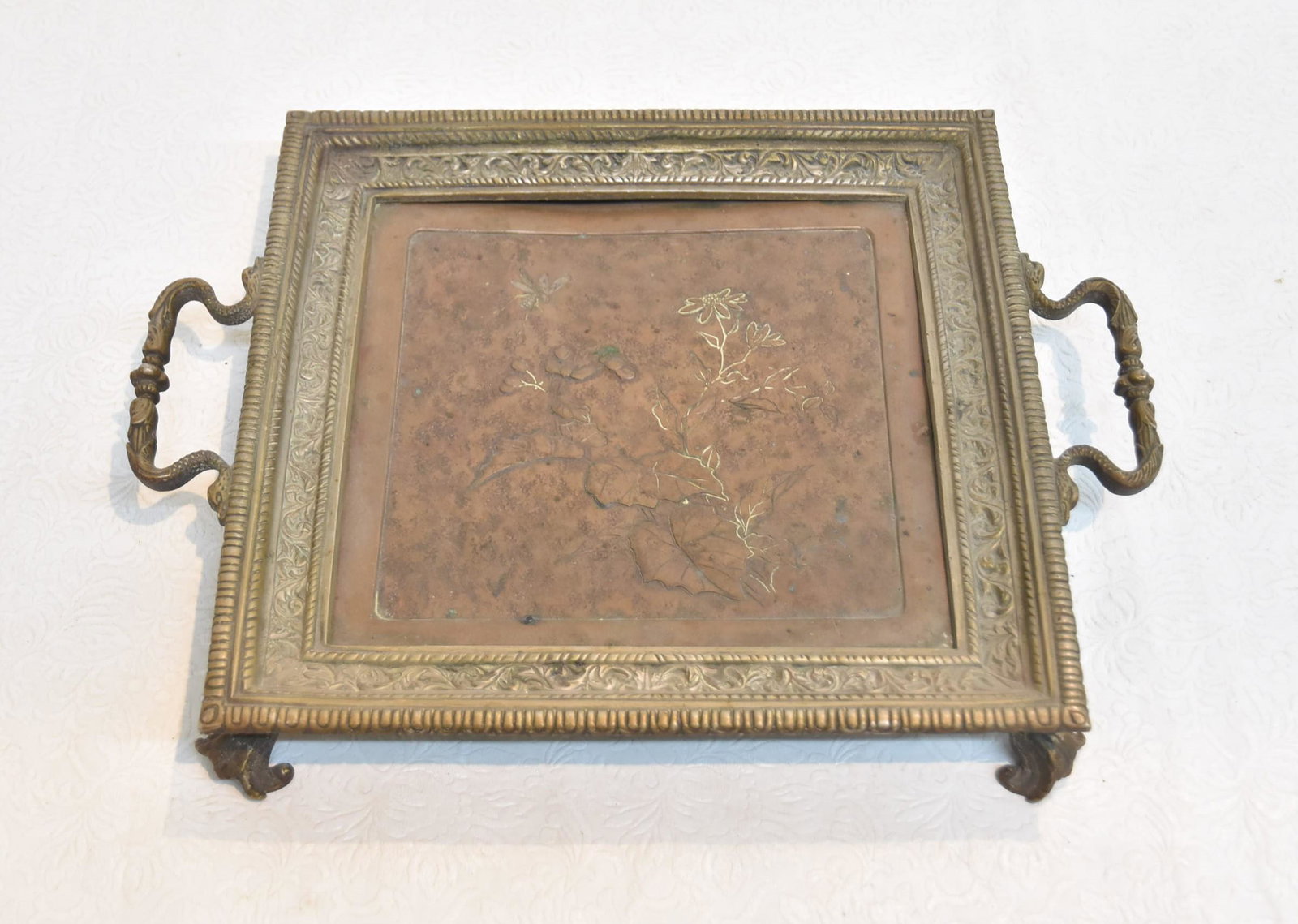 BRONZE FOOTED TWIN HANDLE TRAY WITH FOLIATE: DESIGNS - 13 1/2" x 10 1/2" x 2"