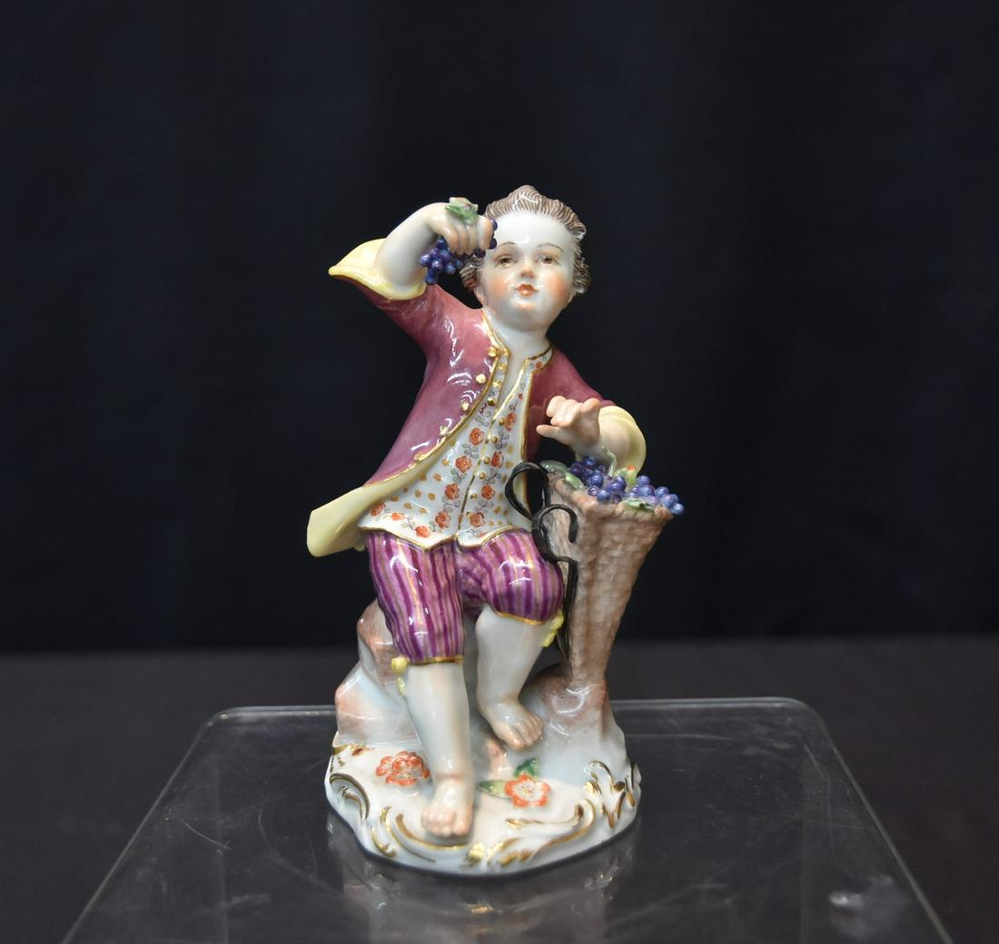 MEISSEN PORCELAIN BOY WITH GRAPES: 2 1/4" x 4 1/2"