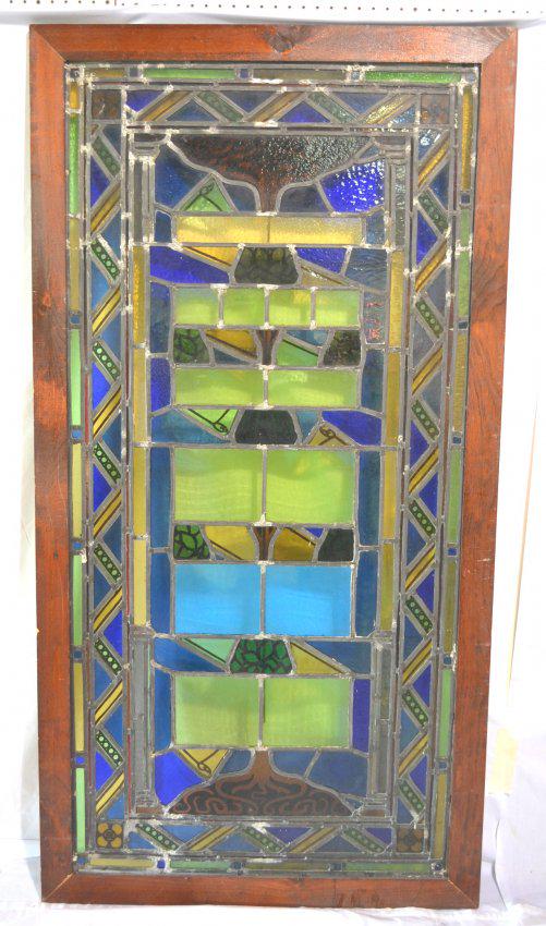 EARLY 20thC LEADED GLASS TREE OF LIFE PATTERN: LEADED STAINED GLASS WINDOW MOUNTED IN FRAME - 30 1/2" x 63" , 35 1/2" x 68 1/4" OVERALL