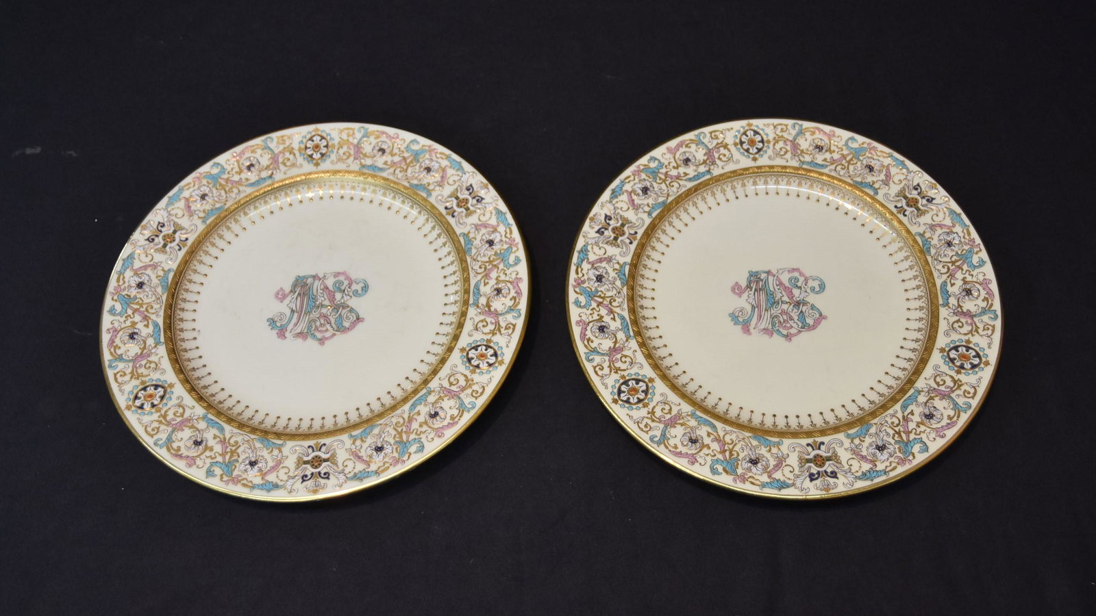 (2) ENAMELED COPELAND SPODE SERVICE PLATES: (2) COPELAND SPODE SERVICE PLATES WITH ENAMELED DESIGNS , SOLD BY GOODE & Co. , LONDON - 10" D