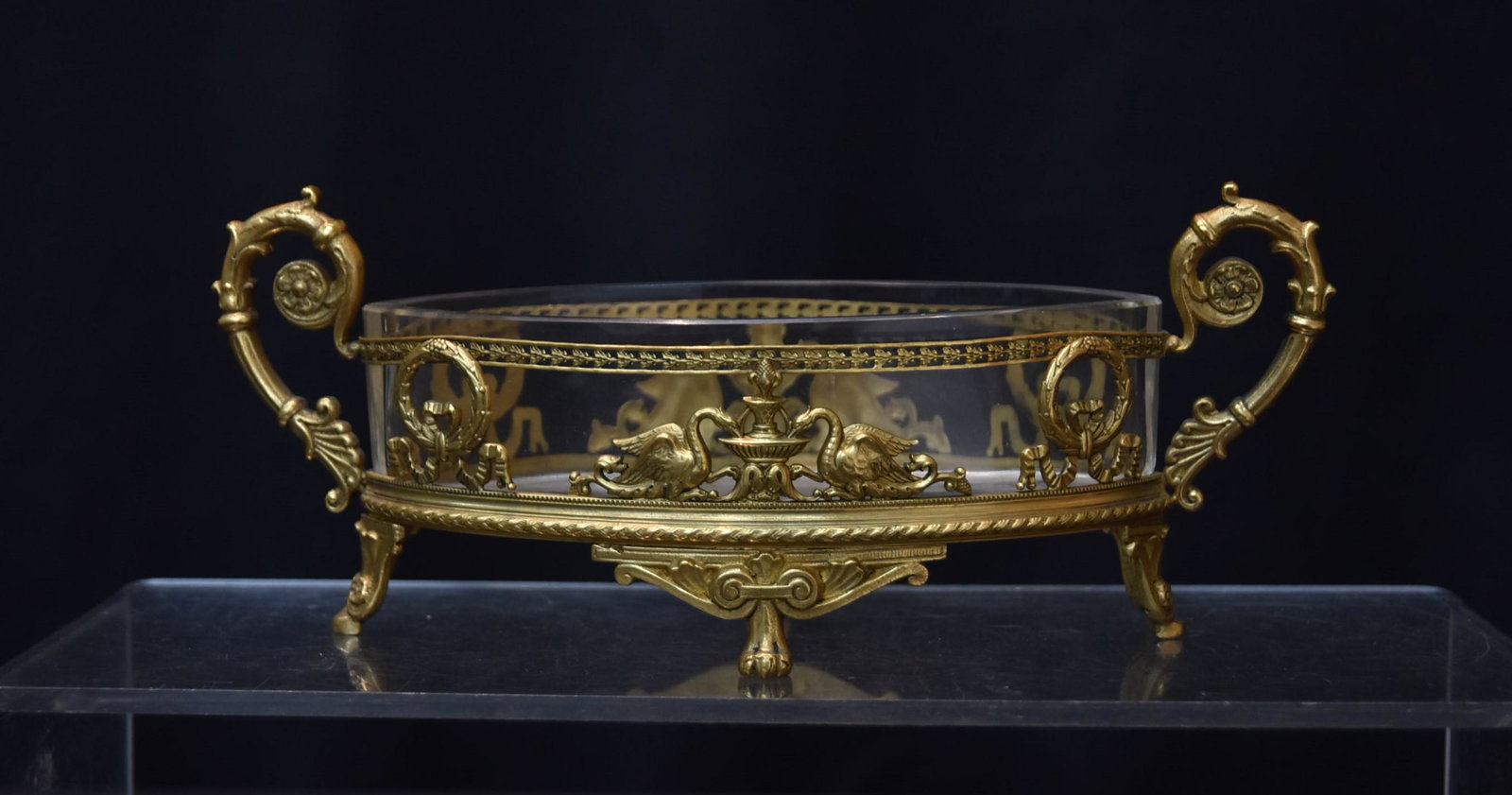 EMPIRE BRONZE & CUT GLASS DISH: OVAL EMPIRE FIGURAL BRONZE & CUT GLASS DISH - 8" x 3" x 3"