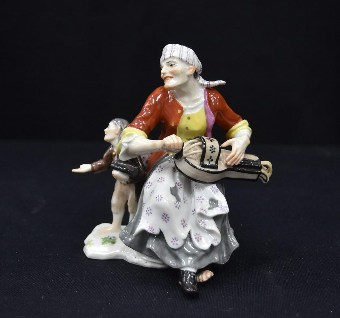 MEISSEN PORCELAIN BEGGER MUSICIAN: (BOY HAS MISSING THUMB) 4 1/2" x 3 1/2" x 5"