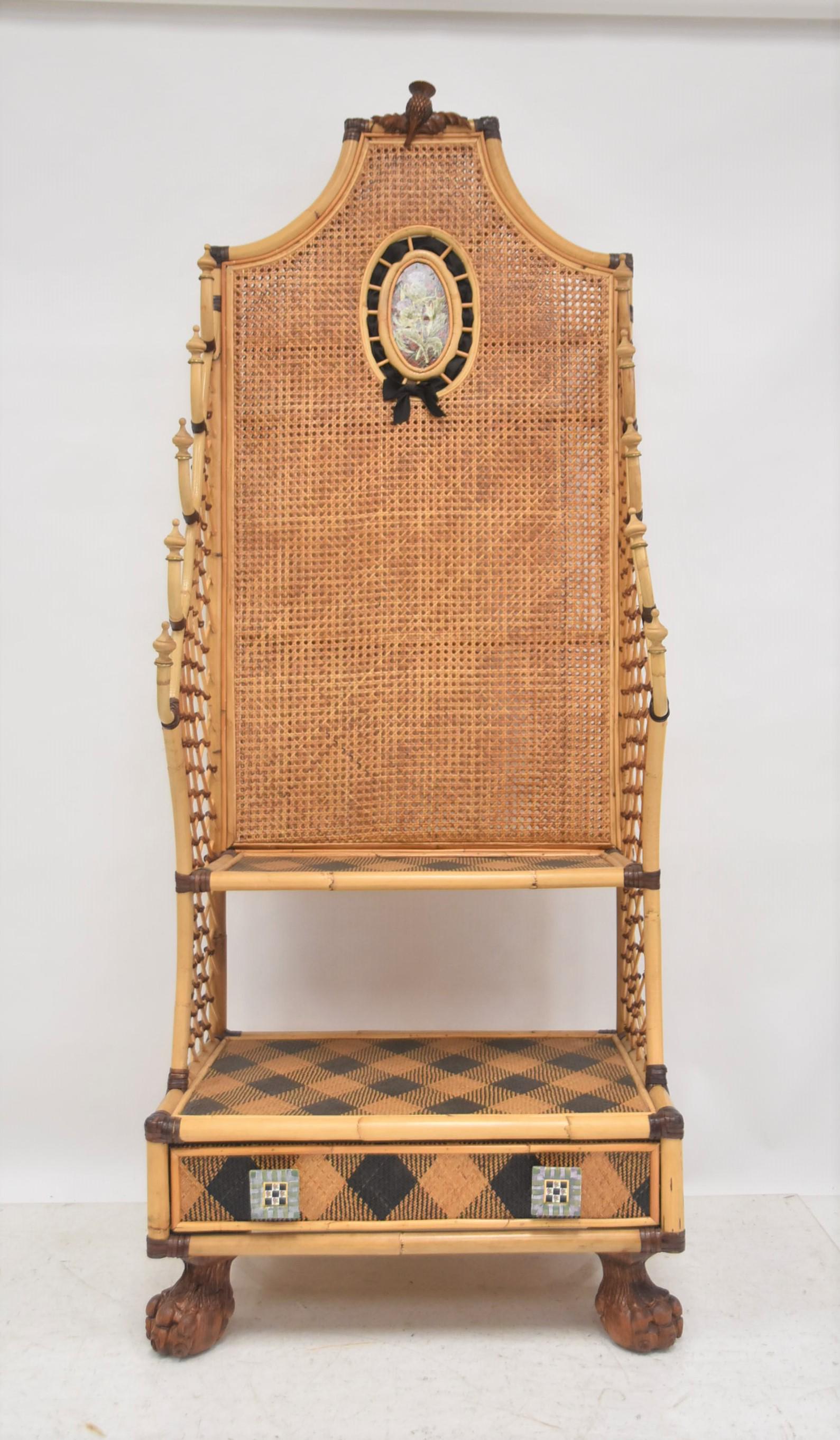 MACKENZIE CHILDS SHELF ETAGERE: MACKENZIE CHILDS RATTAN & CANE RACK ETAGERE RAISED ON PAW FEET - 27" x 20" x 75"