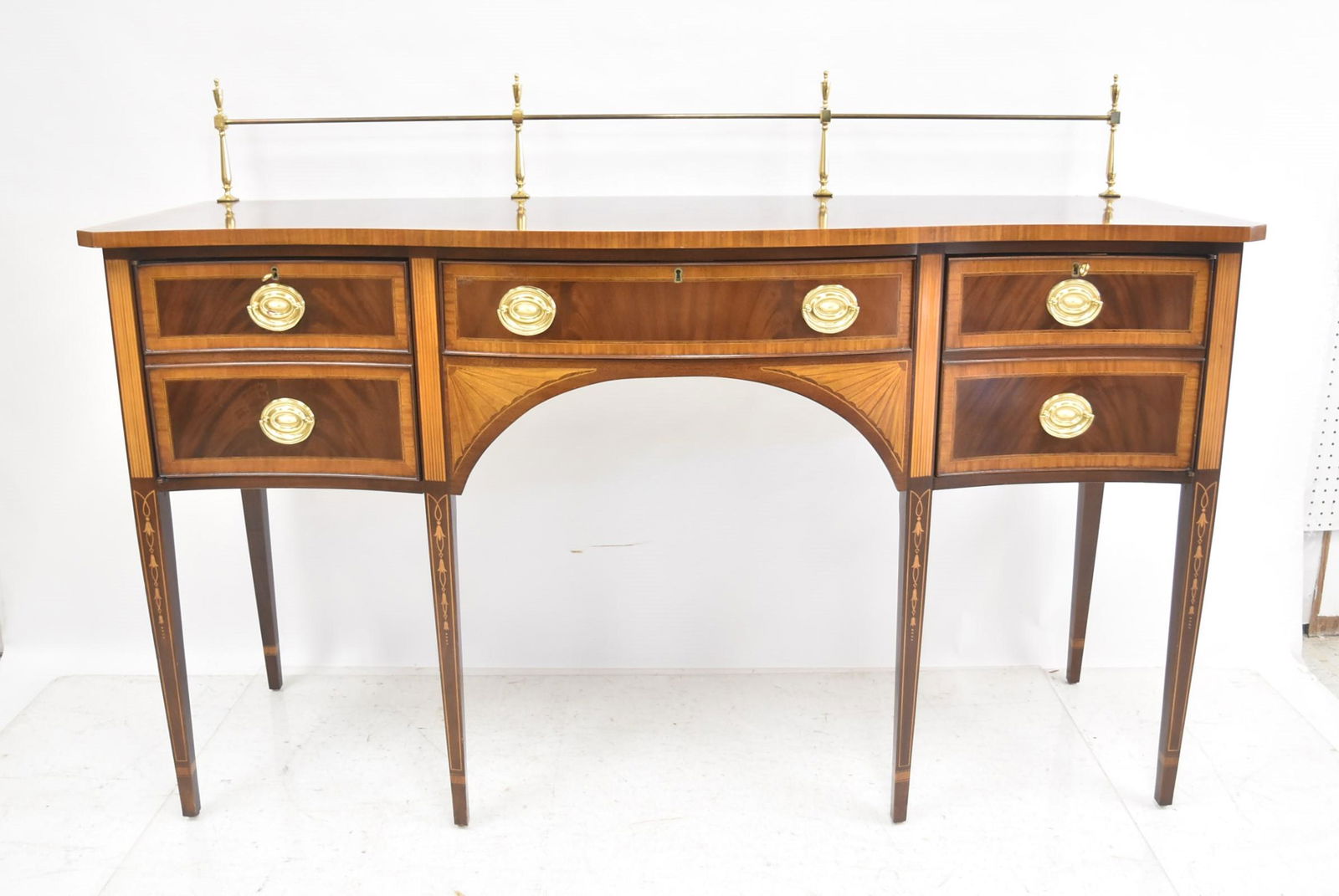 COUNCIL CRAFTSMAN HEPPLEWHITE STYLE SIDEBOARD: HEPPLEWHITE STYLE MAHOGANY SIDEBOARD WITH BANDED SATINWOOD INLAY WITH BELLFLOWERS & SHELLS HAVING BRASS GALLERY - 66" x 22 1/2" x 37"