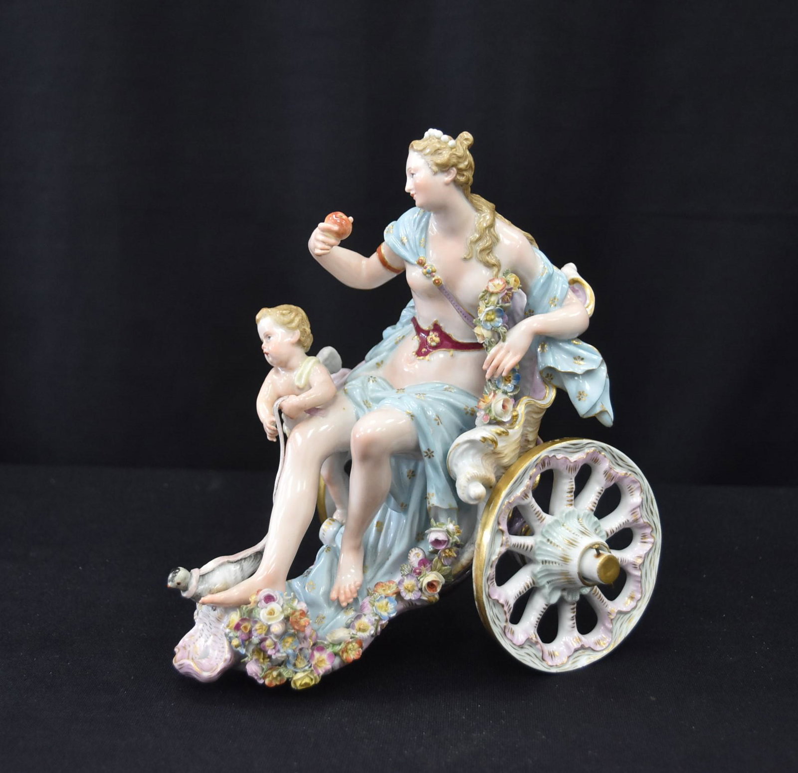 MEISSEN VENUS RIDING CHARRIOT: MEISSEN ALLEGORICAL FIGURE OF OF VENUS RIDING CHARIOT WITH CHERUB & BIRDS - 4 1/2" x 6 1/2" x 7"