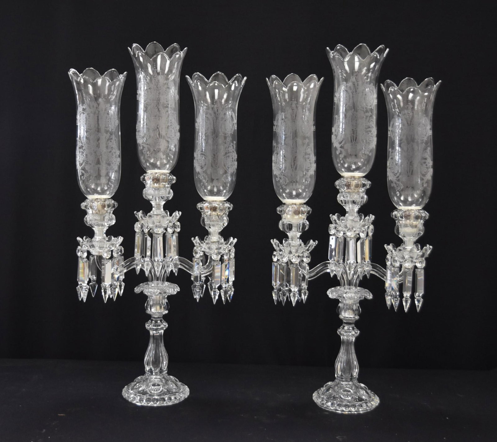 (Pr) LARGE BACCARAT CANDELABRAS: (Pr) BACCARAT CRYSTAL CANDELABRAS WITH ETCHED HURRICANE SHADES , EVERY PIECE IS SIGNED BACCARAT - 13" x 29" OVERALL