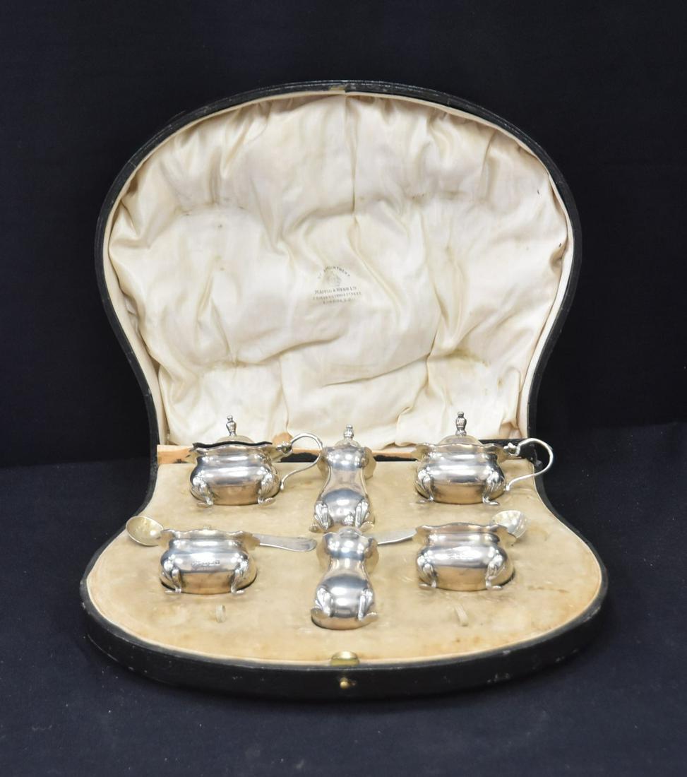 STERLING SILVER MAPPIN & WEBB CONDIMENT SET: WITH PRESENATION BOX & ORIGINAL BLUE GLASS LINERS - 7.43ozt ; LARGEST PIECE IS 1" x 3"