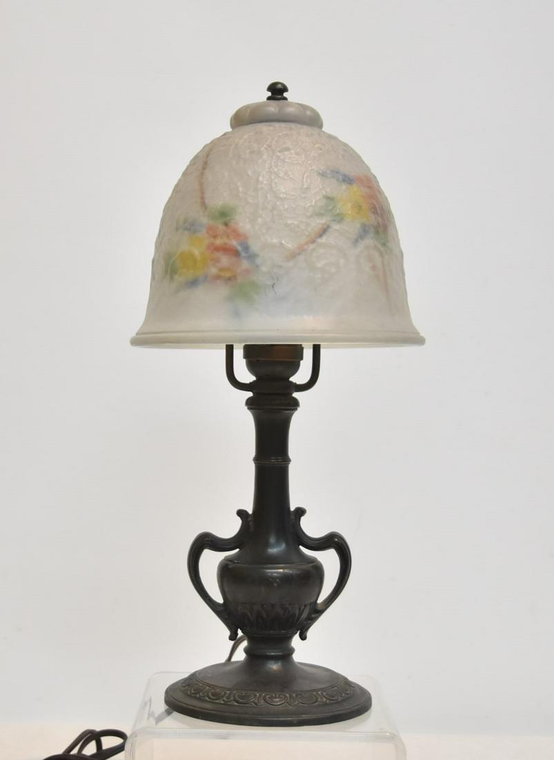 REVERSE PAINTED PAIRPOINT BOUDOIR LAMP: REVERSE PAINTED GLASS SHADE ON SIGNED PAIRPOINT URN FORM BASE - 6" x 13 1/2"